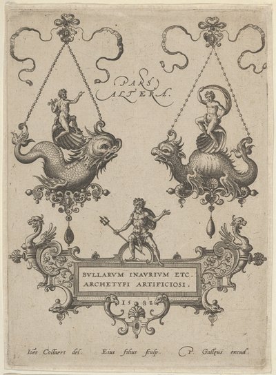 Tittelplate med to anhengsdesign over og Neptun stående på en kartusj under, 1582. av Adriaen Collaert