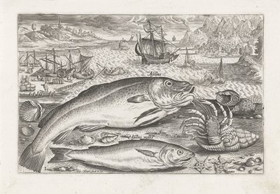 To fisker på stranden Fiske (serietittel) Piscium vivae-ikoner (serietittel) av Adriaen Collaert