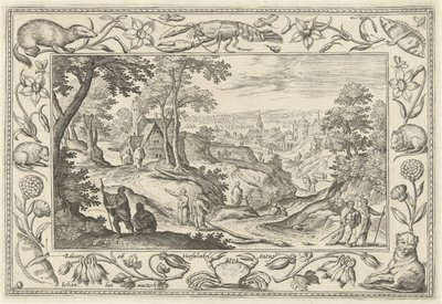 Kringkasting av apostlenes landskap med bibelske, mytologiske scener og jaktscener (serietittel) av Adriaen Collaert