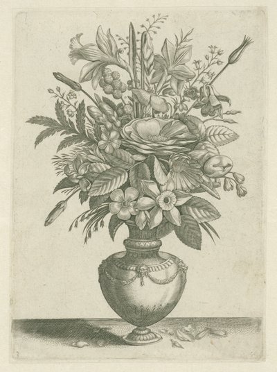 Vase med blomster, inkludert trompetpåskeliljer Florilegium (serietittel) av Adriaen Collaert