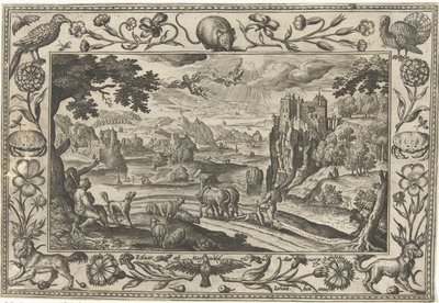 Ikaros fall Landskap med bibelske, mytologiske scener og jaktscener (serietittel) av Adriaen Collaert