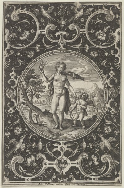 Venus og Amor i en dekorativ ramme med grotesker, fra dommen i Paris..., c1580-1600. av Adriaen Collaert