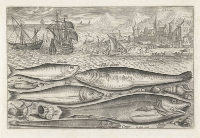 Fem fisker på stranden Fiske (serietittel) Piscium vivae-ikoner (serietittel) av Adriaen Collaert