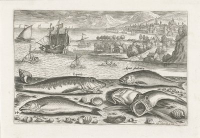 Fem fisker på stranden Fiske (serietittel) Piscium vivae-ikoner (serietittel) av Adriaen Collaert