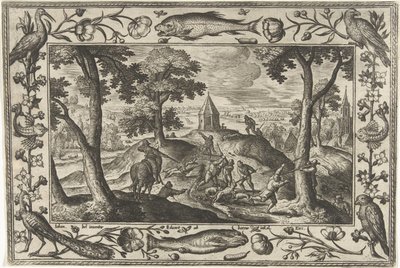 ulvejakt Landskap med bibelske, mytologiske scener og jaktscener (serietittel) av Adriaen Collaert