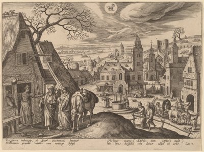 Jomfruen og Josef på vertshuset av Adriaen Collaert after Hans Bol