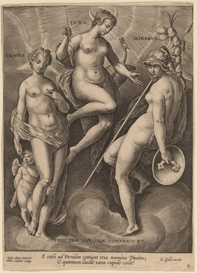 Venus, Juno og Minerva av Adriaen Collaert after Jan van der Straet