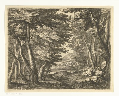 Landskap med tre menn ved en lysning i skogen av Adriaen Frans Boudewyns