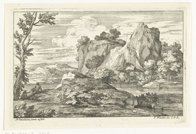Landskap med en stor stein ved en elv av Adriaen Frans Boudewyns