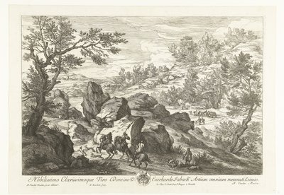 Landskap med ryttere ved en steinete fremspring Landskap med jegere (serietittel) av Adriaen Frans Boudewyns