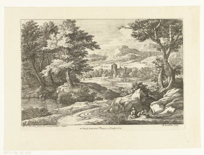 Landskap med to figurer langs en vei, en kirke i det fjerne av Adriaen Frans Boudewyns
