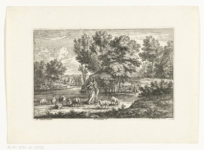 Landskap med to gjeterinner ved et vann av Adriaen Frans Boudewyns