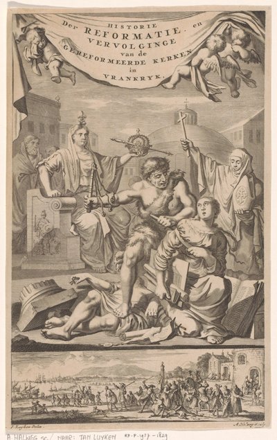 Fransk reformert kirke angrepet av mann med svøpe Tittelside for: E. Benoist, History of the Reformed Churches of Vrankrijk, 1696 av Adriaen Haelwegh