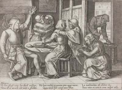 Drikkeselskap med en narr av Adriaen Huybrechts (I)