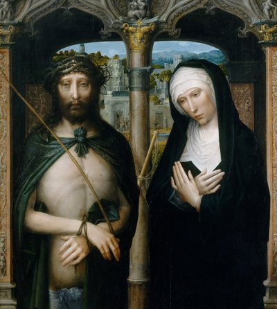 Kristus kronet med torner Ecce Homo, og den sørgende jomfru, ca. 1530-40. av Adriaen Isenbrandt