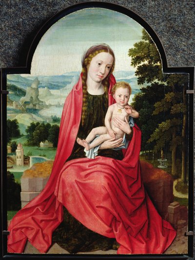 Jomfru med spedbarnet Kristus som holder en stemorsblomst av Adriaen Isenbrandt or Isenbrant