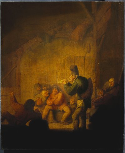 Et låveinteriør med en narr som regaler sine følgesvenner, ca. 1632 av Adriaen Jansz. van Ostade