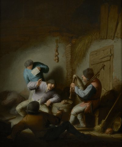 Låveinteriør med bønder som lager musikk av Adriaen Jansz. van Ostade