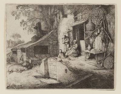 Ved hyttedøren - Spinneren av Adriaen Jansz. van Ostade