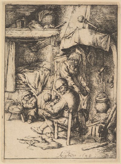 Far til familien som gir kjøttkraft til babyen sin, 1610-85. av Adriaen Jansz. van Ostade