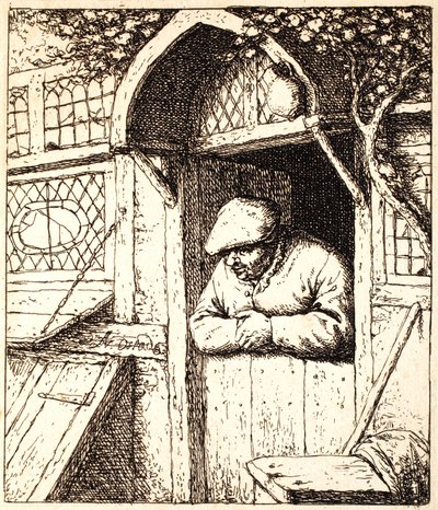 Mann som lener seg på døren sin, ca. 1672 (radering) av Adriaen Jansz. van Ostade