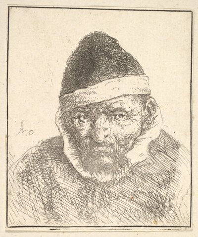 Gammel mann med hvit krage og spiss hatt, 1610-85. av Adriaen Jansz. van Ostade