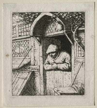 Bonde lener seg i døråpningen hans. av Adriaen Jansz. van Ostade