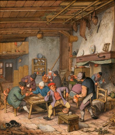 Rom i et vertshus med bønder som drikker, røyker og spiller backgammon - Verk av Adriaen Jansz van Ostade (1610-1685) Blyant, kritt og akvarell på papir av Adriaen Jansz. van Ostade