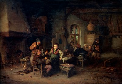 Interiøret i et vertshus med ni bønder og en Hurdy-Gurdy-spiller, 1653. av Adriaen Jansz. van Ostade