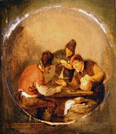 Three Boors drikker og røyker i en taverna (olje på panel) av Adriaen Jansz. van Ostade