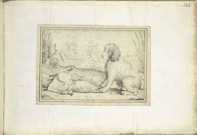Hund ved siden av jaktutstyr og bytte i landskap av Adriaen Matham (signed by artist)