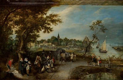 Landskap med figurer og en landsbymesse av Adriaen Pietersz van de Venne
