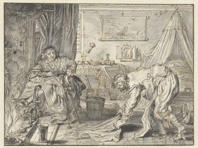 Mann som vasker gulvet mens hans kone sitter ved ildstedet av Adriaen Pietersz van de Venne