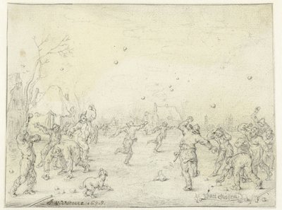 Menn og gutter som kaster snøballer av Adriaen Pietersz van de Venne