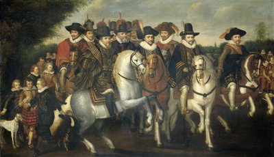 Prins Maurice Akkompagnert av sine to brødre, Frederick V, kurfyrst Palatine og grevene av Nassau til hest, ca. 1625 av Adriaen Pietersz van de Venne