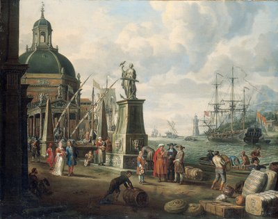 En capriccio av en middelhavshavn med kjøpmenn, et elegant par på bryggekanten, før en statue av håp og en barokkkirke, et fyrtårn, en nederlandsk krigsmann og annen skipsfart utover, 1700 av Adriaen Verdoel