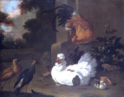 En Ruft, en Lapwing og kyllinger ved en monteringsblokk av Adriaen van Oolen