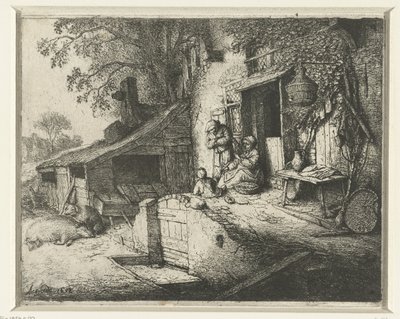 Spinnende kvinne foran et hus Den snurrende kvinnen ved døren av Adriaen van Ostade (signed by artist)