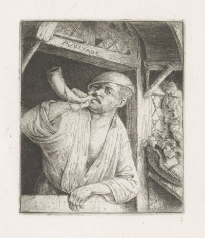 Bakker blåser i et horn i en døråpning av Adriaen van Ostade