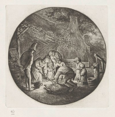 Bondefamilie ved slakting av en gris av Adriaen van Ostade