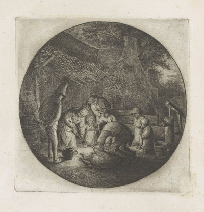 Bondefamilie ved slakting av en gris av Adriaen van Ostade