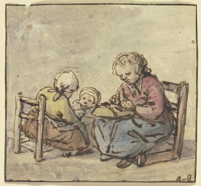 Tre jenter, den eldste knipler blonder av Adriaen van Ostade