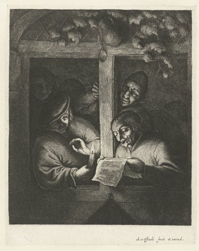 Tre menn synger fra et ark med levende lys i et åpent vindu De retorikere av Adriaen van Ostade