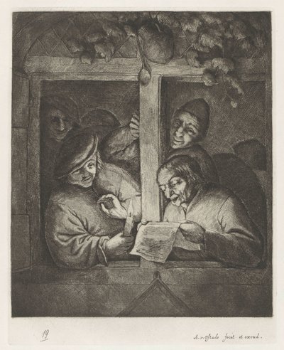 Tre menn synger fra et ark ved levende lys i et åpent vindu av Adriaen van Ostade