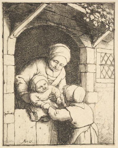 Liten jente leker med en baby i sin mors armer, 1610-85. av Adriaen van Ostade
