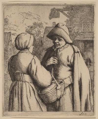 Mann og kvinne i samtale foran et vertshus av Adriaen van Ostade