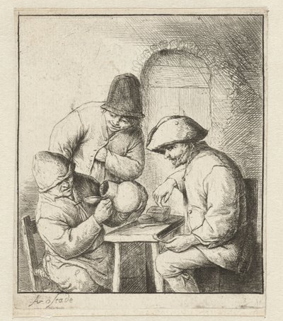 Mann ser inn i tom kanne, to menn ser på Den tomme kannen av Adriaen van Ostade
