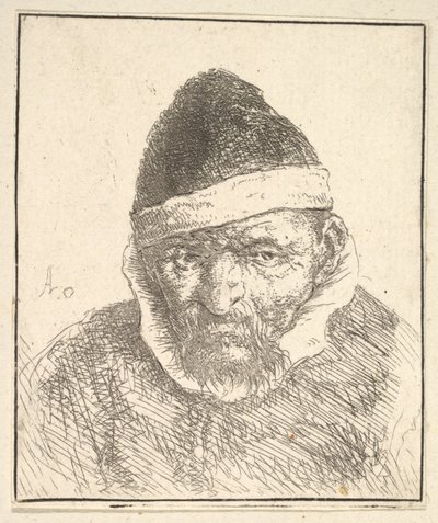 Gammel mann med hvit krage og spiss hatt av Adriaen van Ostade