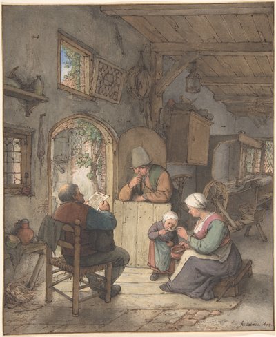 Lesing av nyhetene i vevernes hytte av Adriaen van Ostade