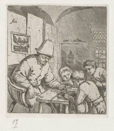 Skolemester med tre elever ved bordet av Adriaen van Ostade